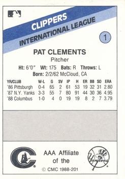 1988 CMC Columbus Clippers #1 Pat Clements Back