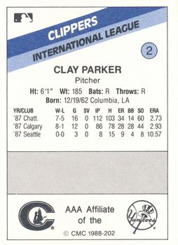 1988 CMC Columbus Clippers #2 Clay Parker Back
