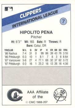 1988 CMC Columbus Clippers #7 Hipolito Pena Back