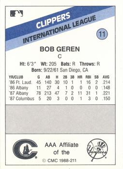 1988 CMC Columbus Clippers #11 Bob Geren Back