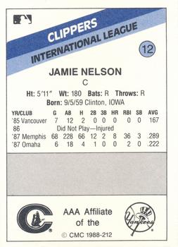 1988 CMC Columbus Clippers #12 Jamie Nelson Back