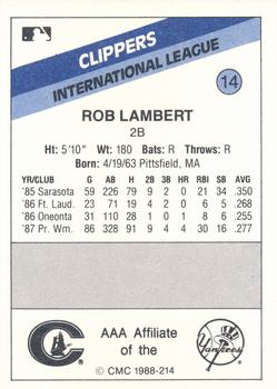 1988 CMC Columbus Clippers #14 Rob Lambert Back
