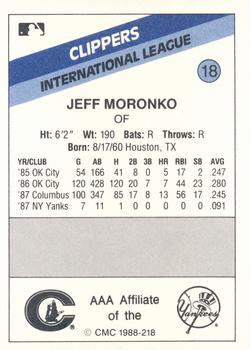 1988 CMC Columbus Clippers #18 Jeff Moronko Back