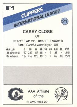 1988 CMC Columbus Clippers #21 Casey Close Back