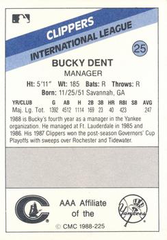 1988 CMC Columbus Clippers #25 Bucky Dent Back