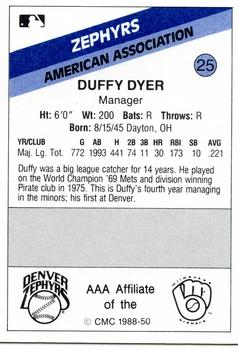 1988 CMC Denver Zephyrs #25 Duffy Dyer Back