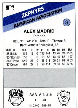 1988 CMC Denver Zephyrs #3 Alex Madrid Back