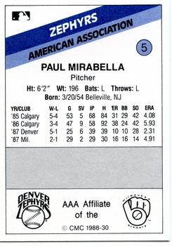 1988 CMC Denver Zephyrs #5 Paul Mirabella Back