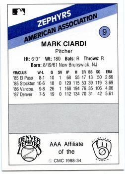 1988 CMC Denver Zephyrs #9 Mark Ciardi Back