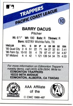 1988 CMC Edmonton Trappers #10 Barry Dacus Back