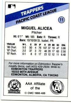 1988 CMC Edmonton Trappers #11 Miguel Alicea Back