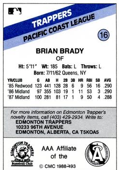 1988 CMC Edmonton Trappers #16 Brian Brady Back