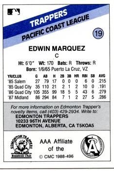 1988 CMC Edmonton Trappers #19 Edwin Marquez Back