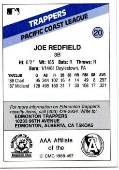 1988 CMC Edmonton Trappers #20 Joe Redfield Back