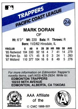 1988 CMC Edmonton Trappers #24 Mark Doran Back