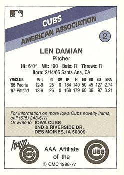 1988 CMC Iowa Cubs #2 Len Damian Back