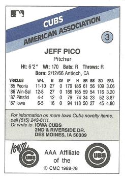 1988 CMC Iowa Cubs #3 Jeff Pico Back