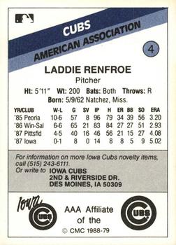 1988 CMC Iowa Cubs #4 Laddie Renfroe Back