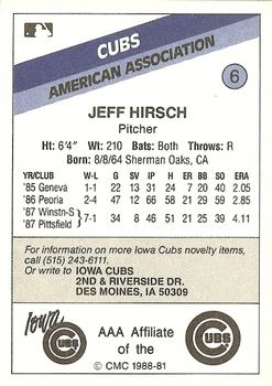 1988 CMC Iowa Cubs #6 Jeff Hirsch Back