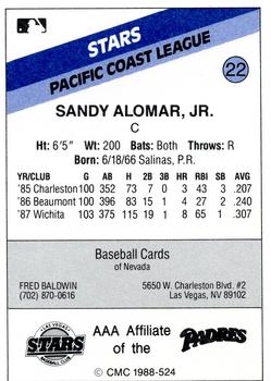 1988 CMC Las Vegas Stars #22 Sandy Alomar, Jr. Back