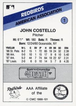 1988 CMC Louisville Redbirds #1 John Costello Back