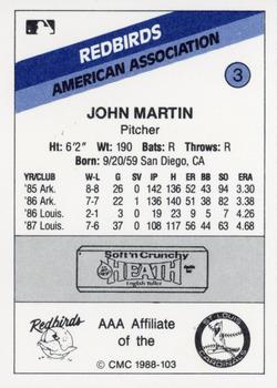 1988 CMC Louisville Redbirds #3 John Martin Back