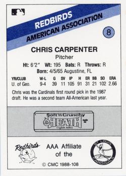 1988 CMC Louisville Redbirds #8 Cris Carpenter Back