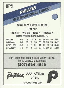 1988 CMC Maine Phillies #1 Marty Bystrom Back