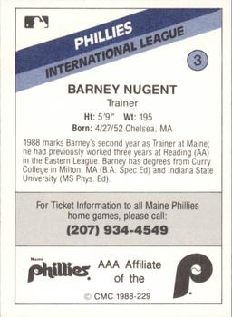 1988 CMC Maine Phillies #3 Barney Nugent Back