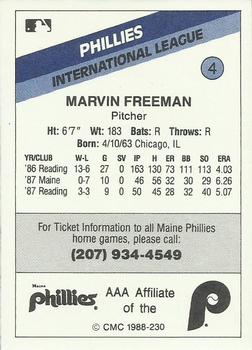1988 CMC Maine Phillies #4 Marvin Freeman Back