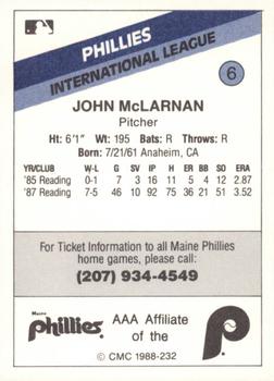 1988 CMC Maine Phillies #6 John McLarnan Back