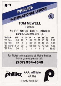 1988 CMC Maine Phillies #8 Tom Newell Back
