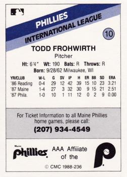 1988 CMC Maine Phillies #10 Todd Frohwirth Back