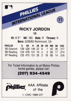 1988 CMC Maine Phillies #11 Ricky Jordan Back