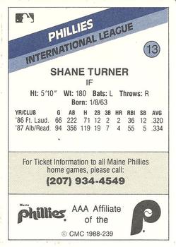 1988 CMC Maine Phillies #13 Shane Turner Back