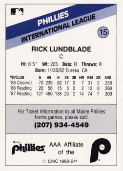 1988 CMC Maine Phillies #15 Rick Lundblade Back