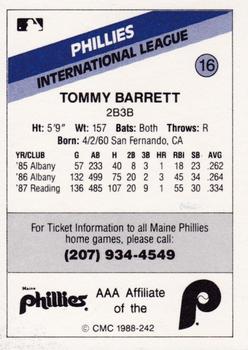 1988 CMC Maine Phillies #16 Tommy Barrett Back