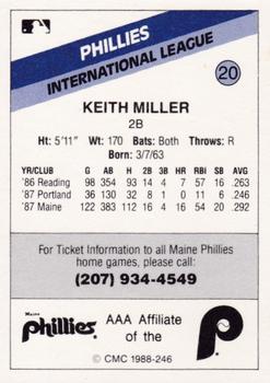 1988 CMC Maine Phillies #20 Keith Miller Back