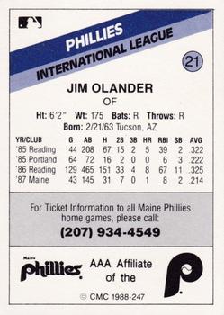 1988 CMC Maine Phillies #21 Jim Olander Back