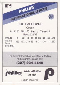 1988 CMC Maine Phillies #25 Joe Lefebvre Back