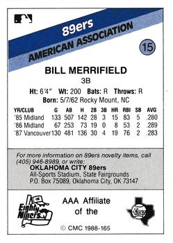 1988 CMC Oklahoma City 89ers #15 Bill Merrifield Back