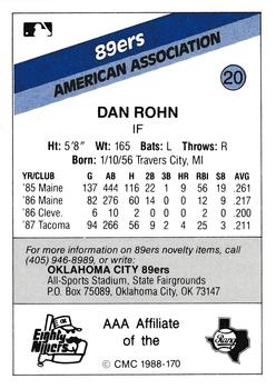 1988 CMC Oklahoma City 89ers #20 Dan Rohn Back