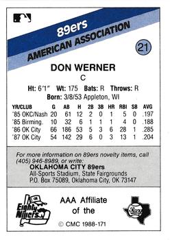 1988 CMC Oklahoma City 89ers #21 Don Werner Back