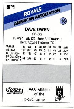 1988 CMC Omaha Royals #16 Dave Owen Back