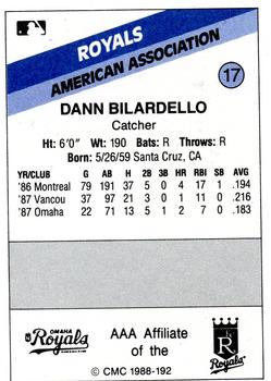 1988 CMC Omaha Royals #17 Dann Bilardello Back