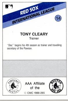 1988 CMC Pawtucket Red Sox #14 Tony Cleary Back