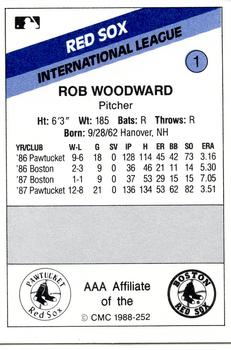 1988 CMC Pawtucket Red Sox #1 Rob Woodward Back