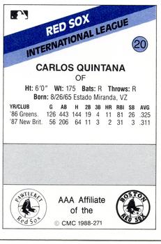 1988 CMC Pawtucket Red Sox #20 Carlos Quintana Back