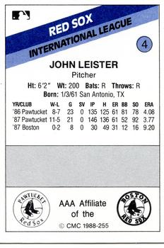 1988 CMC Pawtucket Red Sox #4 John Leister Back