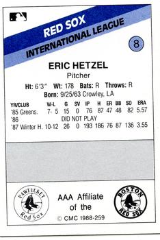 1988 CMC Pawtucket Red Sox #8 Eric Hetzel Back